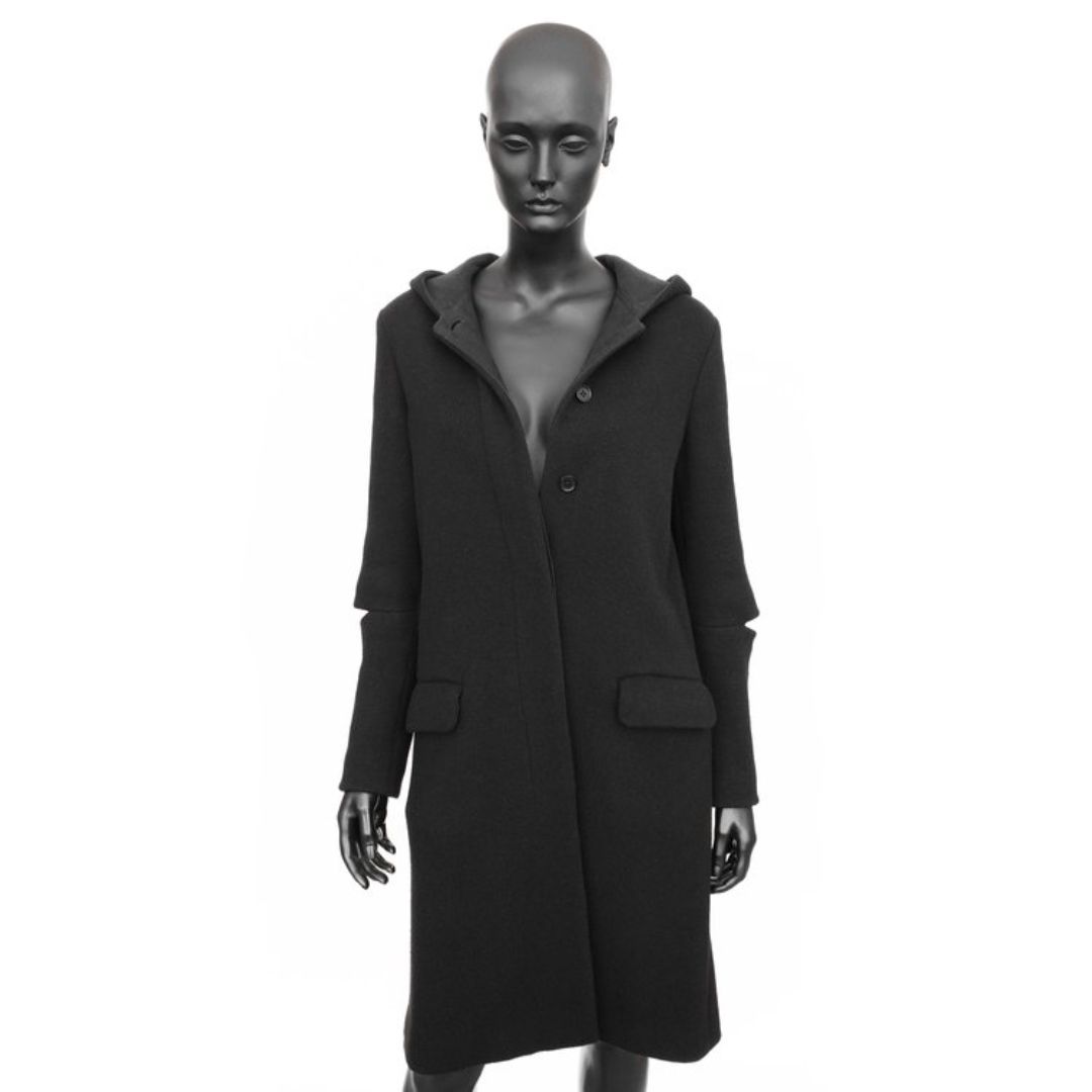 Helmut Lang FW 1996 hooded wool coat with slit elbows by HELMUT LANG in size IT 44 from COATS & JACKETS category