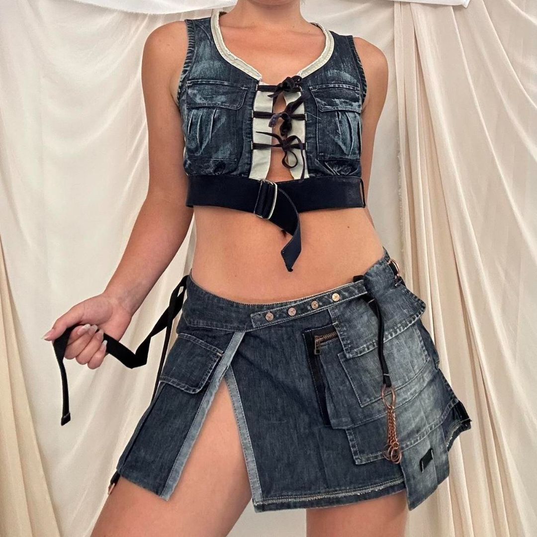 CROPPED DISTRESSED DENIM VEST by Marithé + François Girbaud by MARITHE AND FRANCOIS GIRBAUD in size M from TOPS category