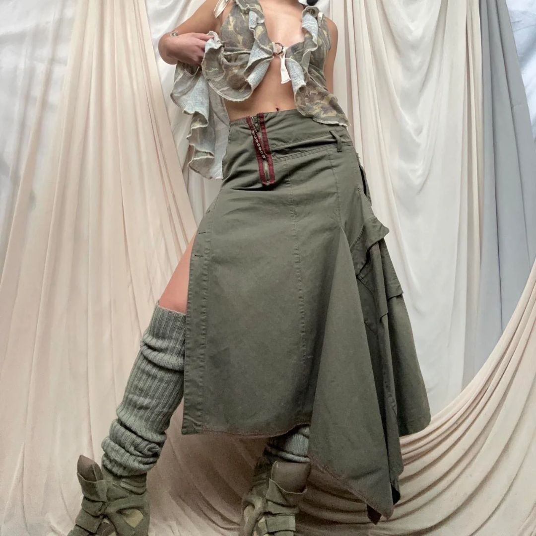 ASYMMETRIC UTILITARIAN KHAKI MAXI SKIRT by Marithé + François Girbaud by MARITHE AND FRANCOIS GIRBAUD in size M from SKIRTS category