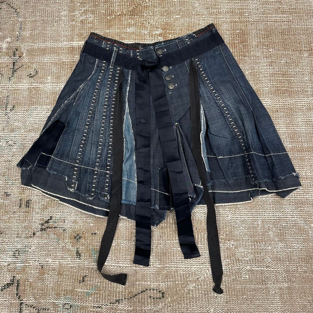 DENIM DISTRESSED DECONSTRUCTED RIBBON SKIRT by MARITHE AND FRANCOIS GIRBAUD in size FR 38 from SKIRTS category