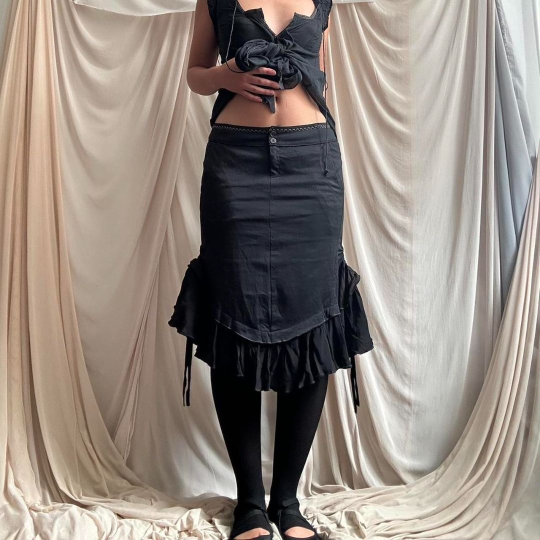 NAVY FISHTAIL MIDI SKIRT WITH RUFFLE HEM by Marithé + François Gibaud by MARITHE AND FRANCOIS GIRBAUD in size AU/UK 10 from SKIRTS category