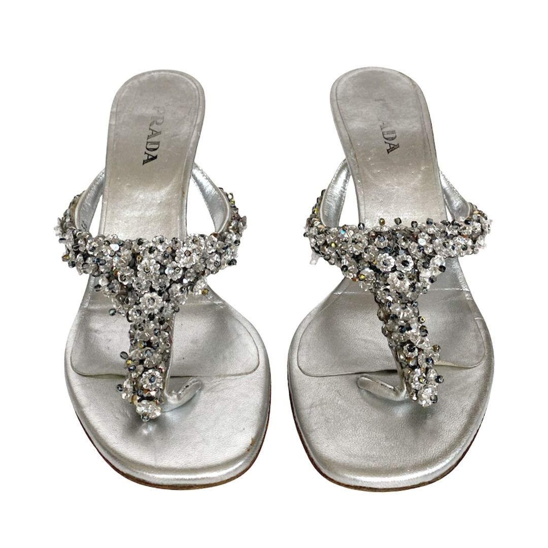 PRADA RARE SILVER CRYSTAL KITTEN HEELS  by PRADA in size W38 from SHOES category