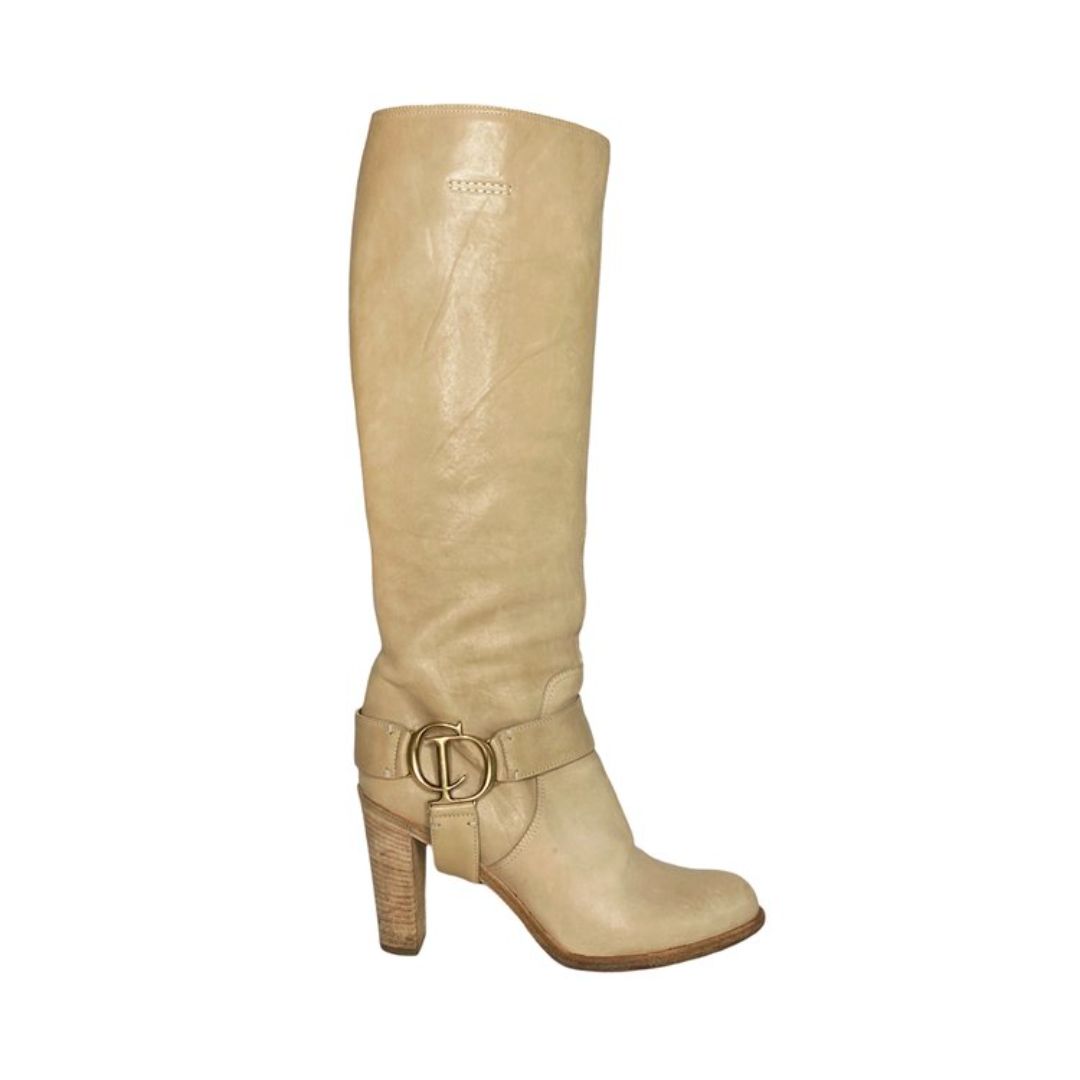 CHRISTIAN DIOR CREAM LEATHER GOLD LOGO BOOTS by CHRISTIAN AUDIGIER in size W39 from SHOES category
