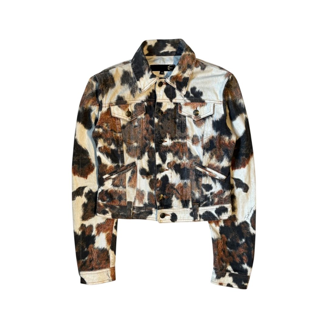 Just Cavalli Cow Print Trucker Jacket by ROBERTO CAVALLI in size XS for $220 in category COATS & JACKETS