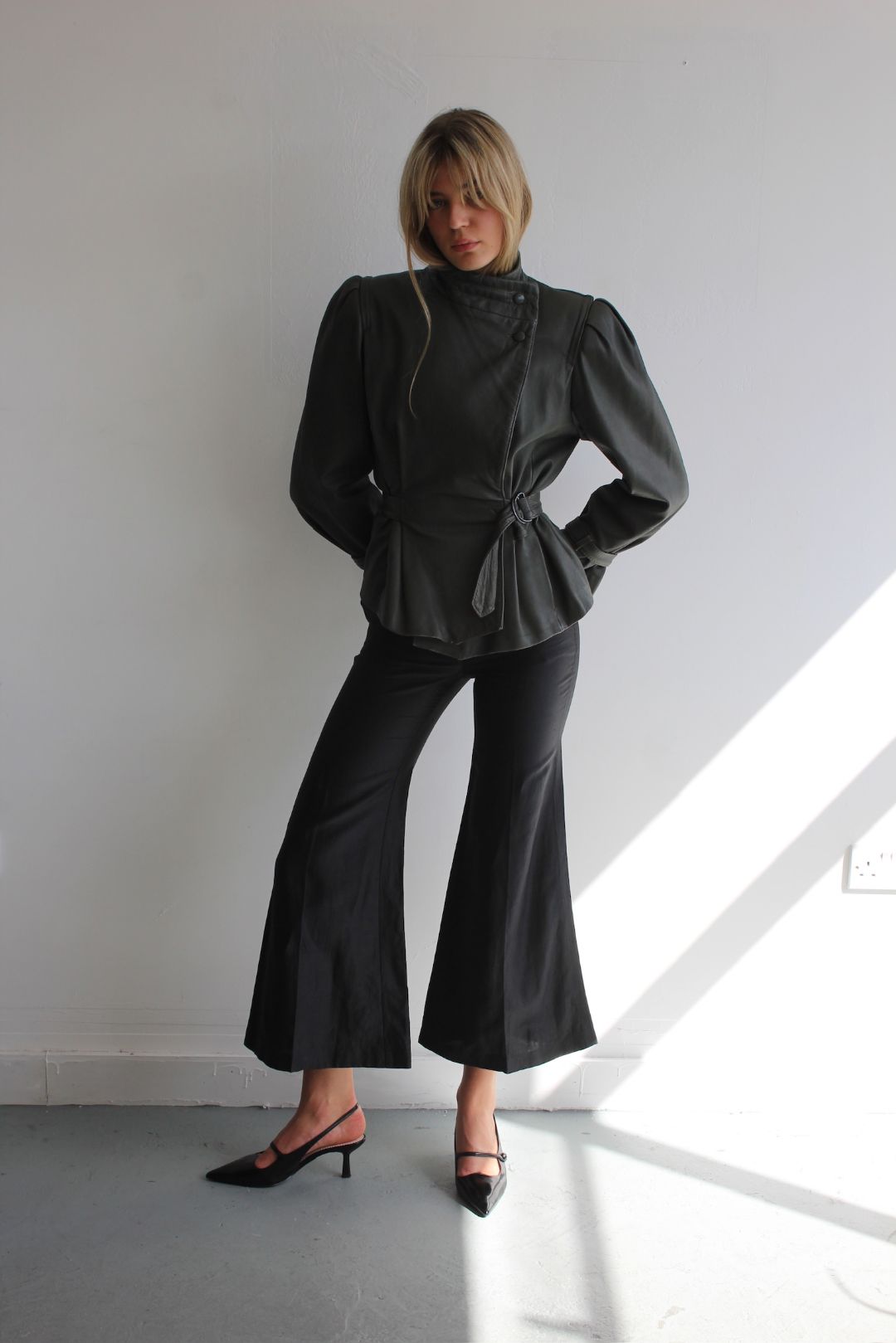Yves Saint Laurent Archive 1980s Vintage Volume Shoulder Belted Khaki Leather Jacket by YVES SAINT LAURENT in size S from COATS & JACKETS category