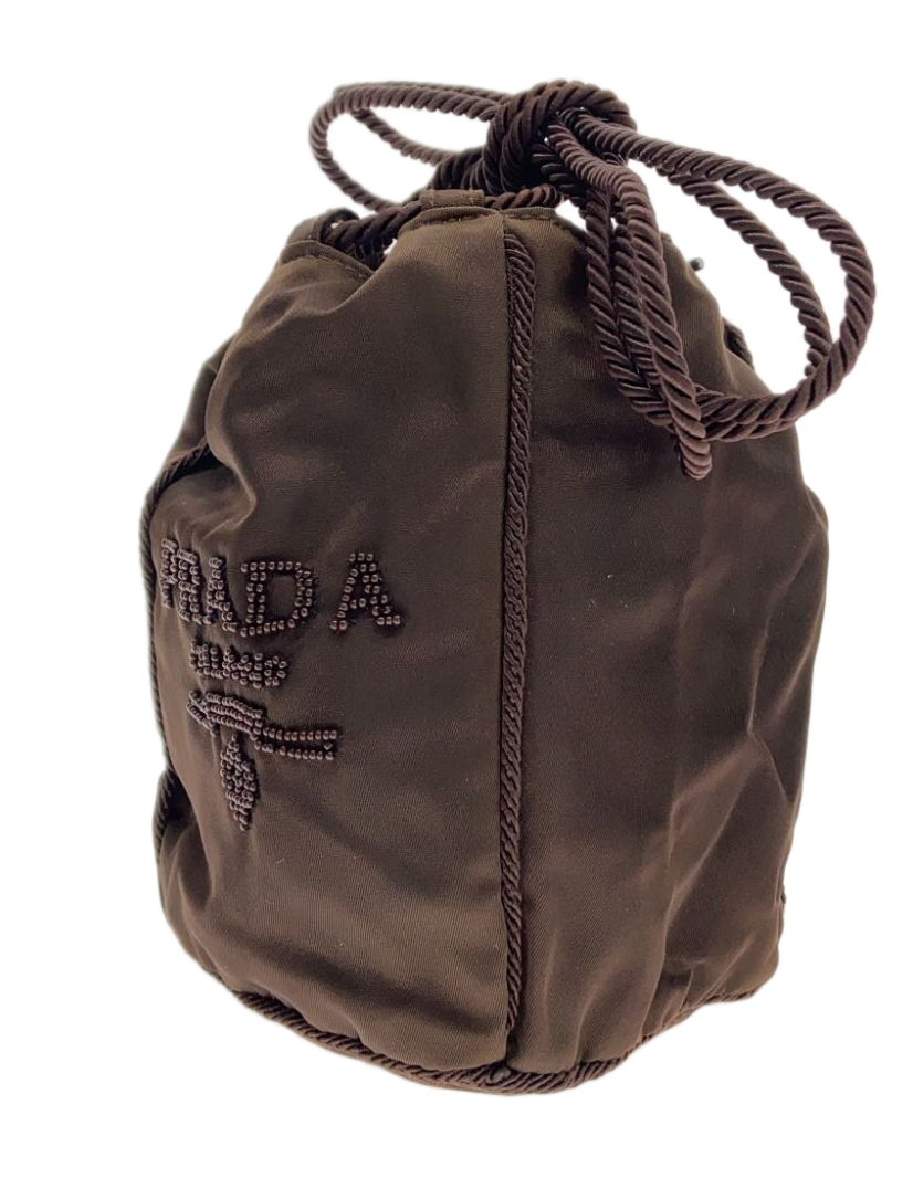 Prada Nylon Brown Beaded Logo Mini Bucket Bag by PRADA in size ONE SIZE from BAGS category