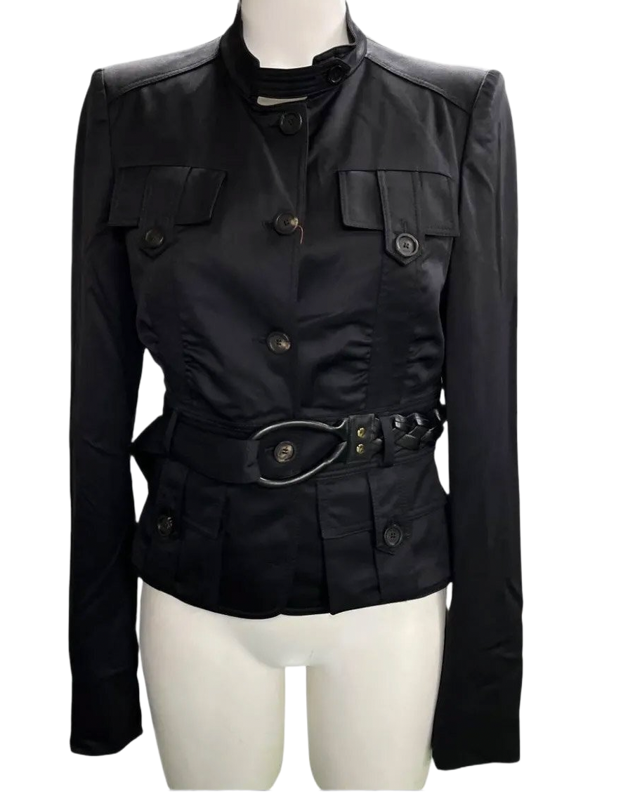 Gucci Military Pocket Shoulder Pad Jacket w Horse Loop Leather woven Belt by GUCCI in size XS from COATS & JACKETS category