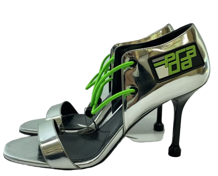 Prada Silver Logo Neon Green Heels 37.5 by PRADA in size EU 37 from SHOES category