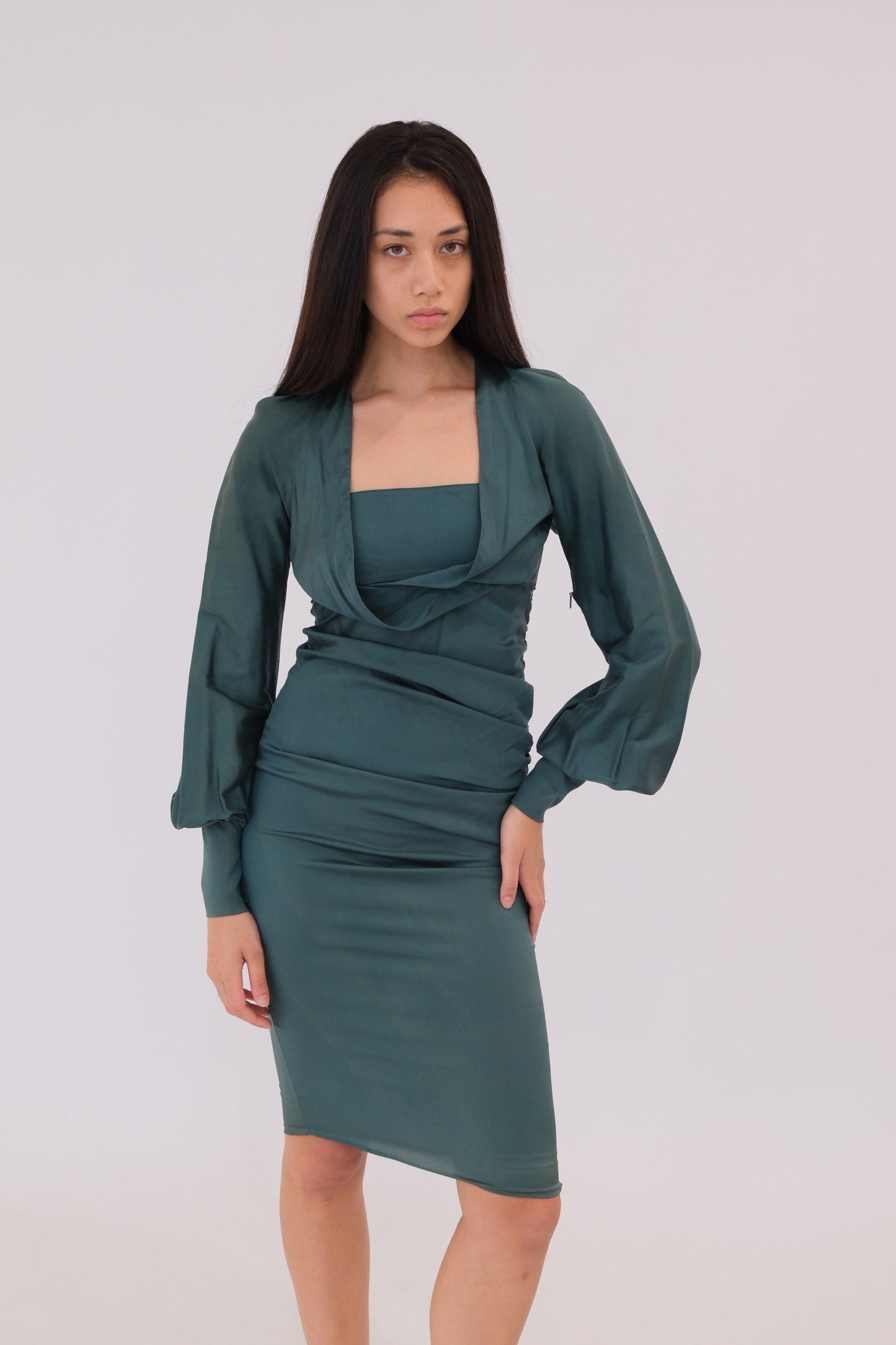 Gucci Teal Silk Overlay Balloon LS Midi Dress by GUCCI in size S from DRESSES category