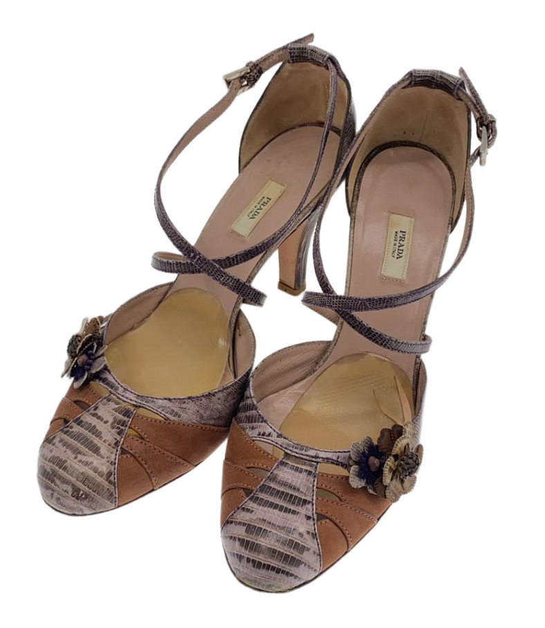 Prada sz 37 Snake skin round toe floral appliqué strap heels by PRADA in size EU 37 from SHOES category