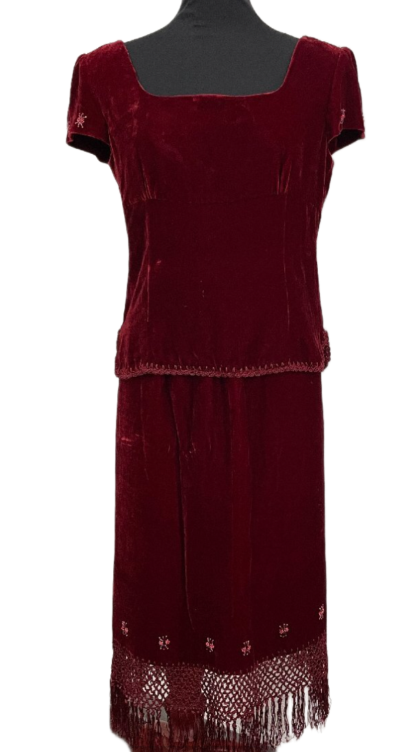 Miss Chloe Velvet Velour SS Square Neck Fringe Beaded Top Skirt Set by CÉLINE in size XS from SUITS category