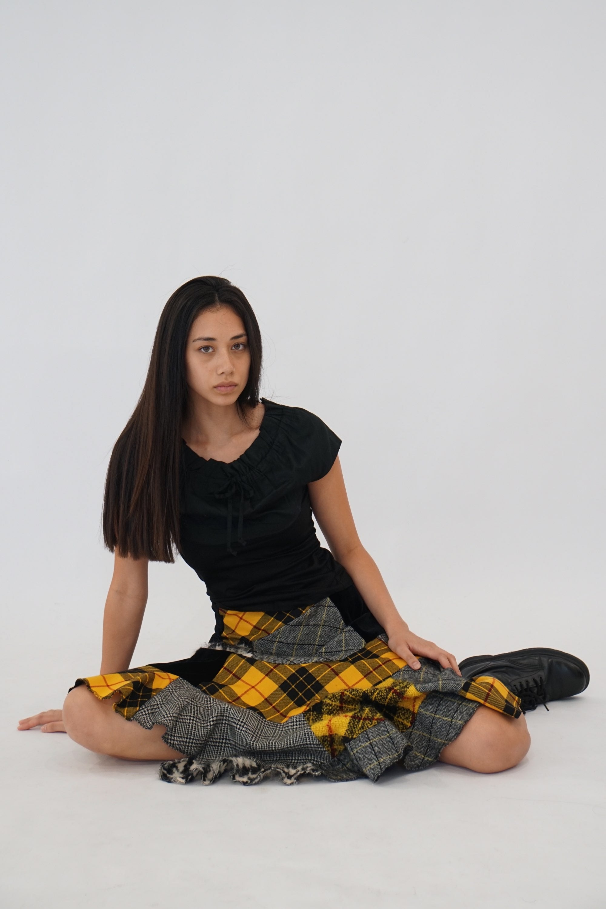Comme Des Garcons Plaid Hounstooth Patch Assymetrical Skirt by COMME DES GARÇONS in size S from SKIRTS category
