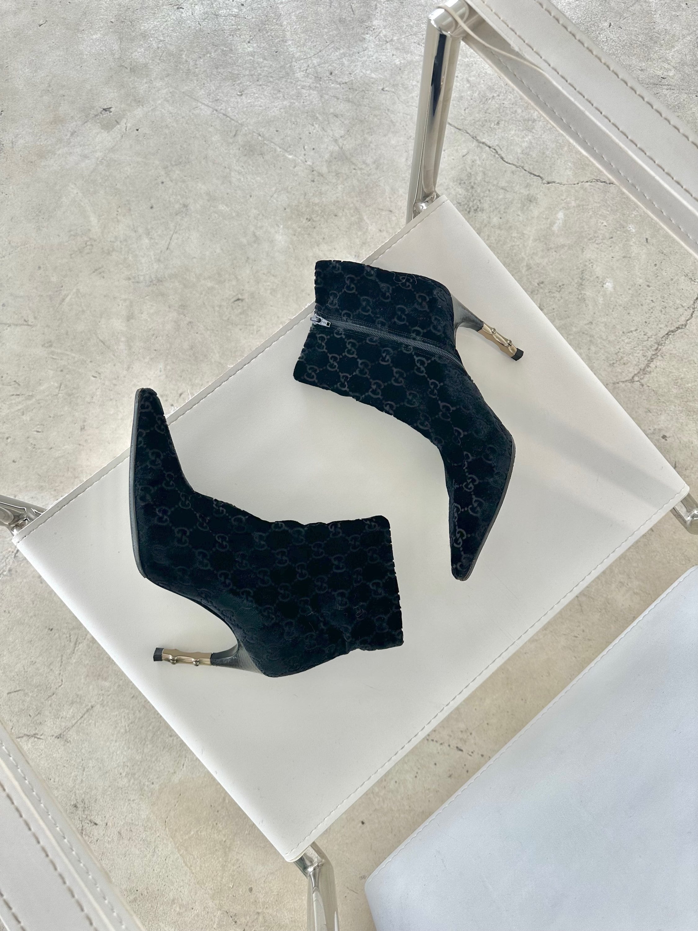 Gucci Velvet Monogram Ankle Boots W Metal Bamboo Heel Detail by GUCCI in size EU 37 from SHOES category