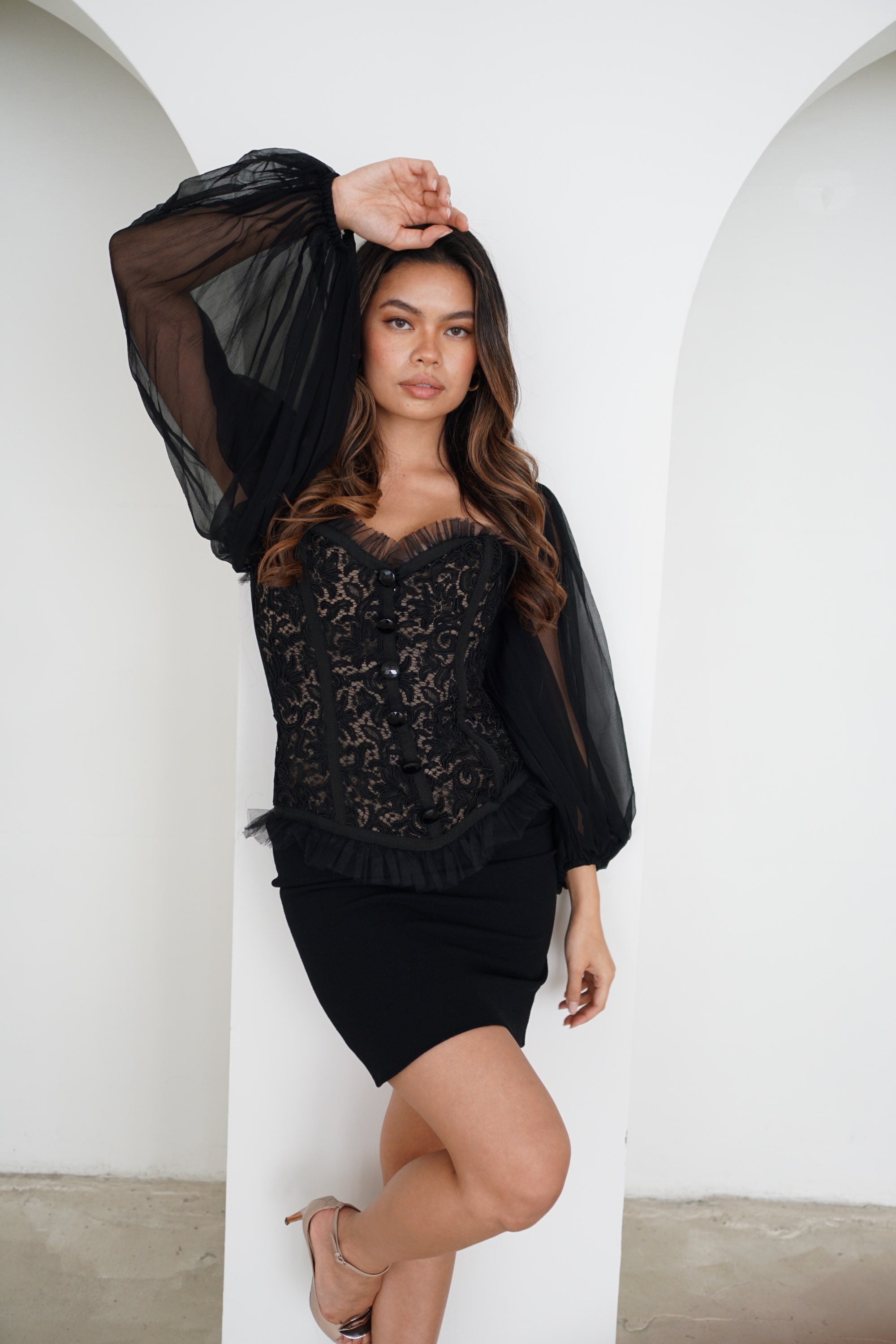 Yves Saint Laurent Lace Sweetheart Bustier Ballon LS Mini Dress by YVES SAINT LAURENT in size S from DRESSES category