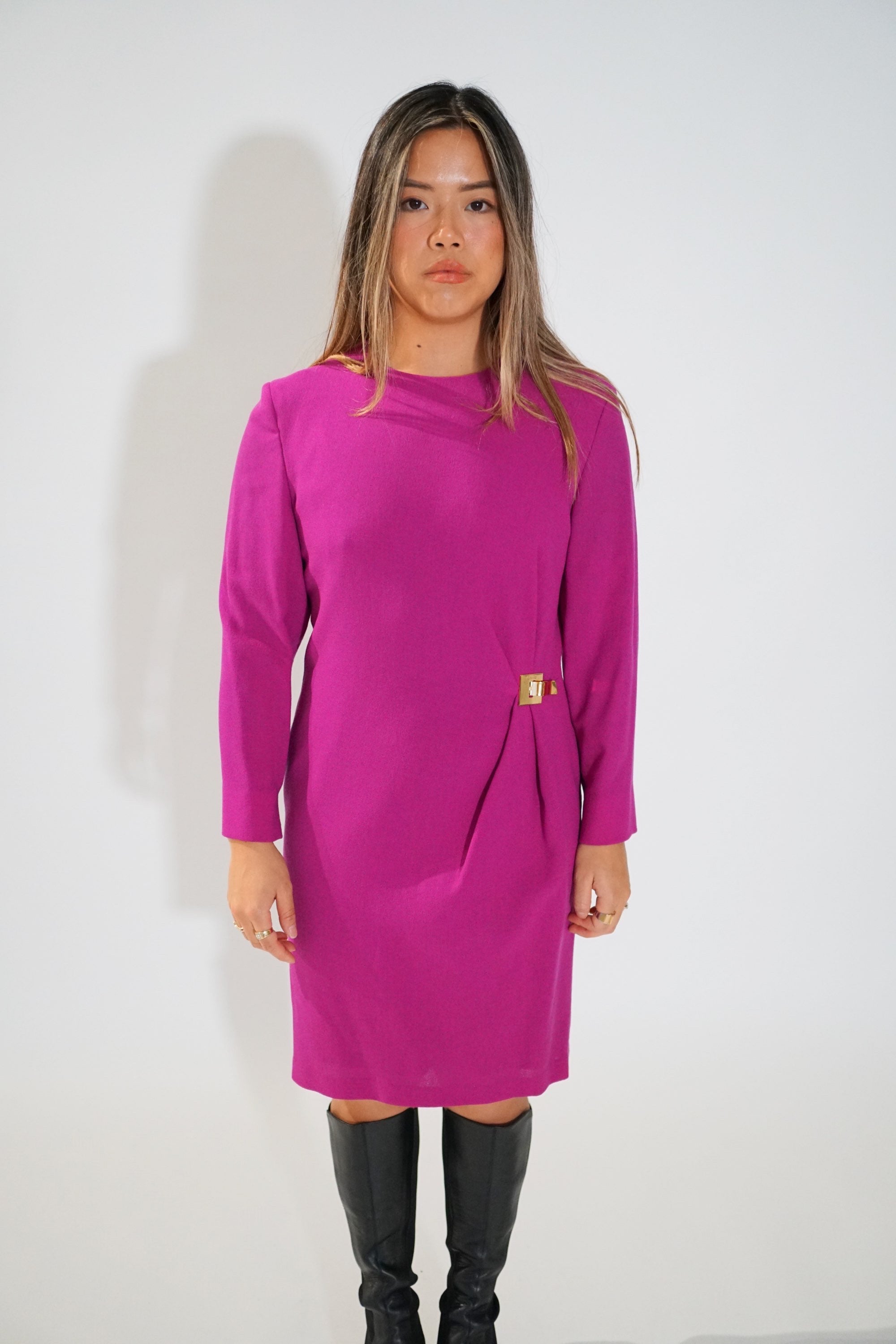 Celine 3/4 Sleeve Fuschia Pink LS Shift Dress w Gold Metal Buckle by CÉLINE in size AU/UK 10 from DRESSES category