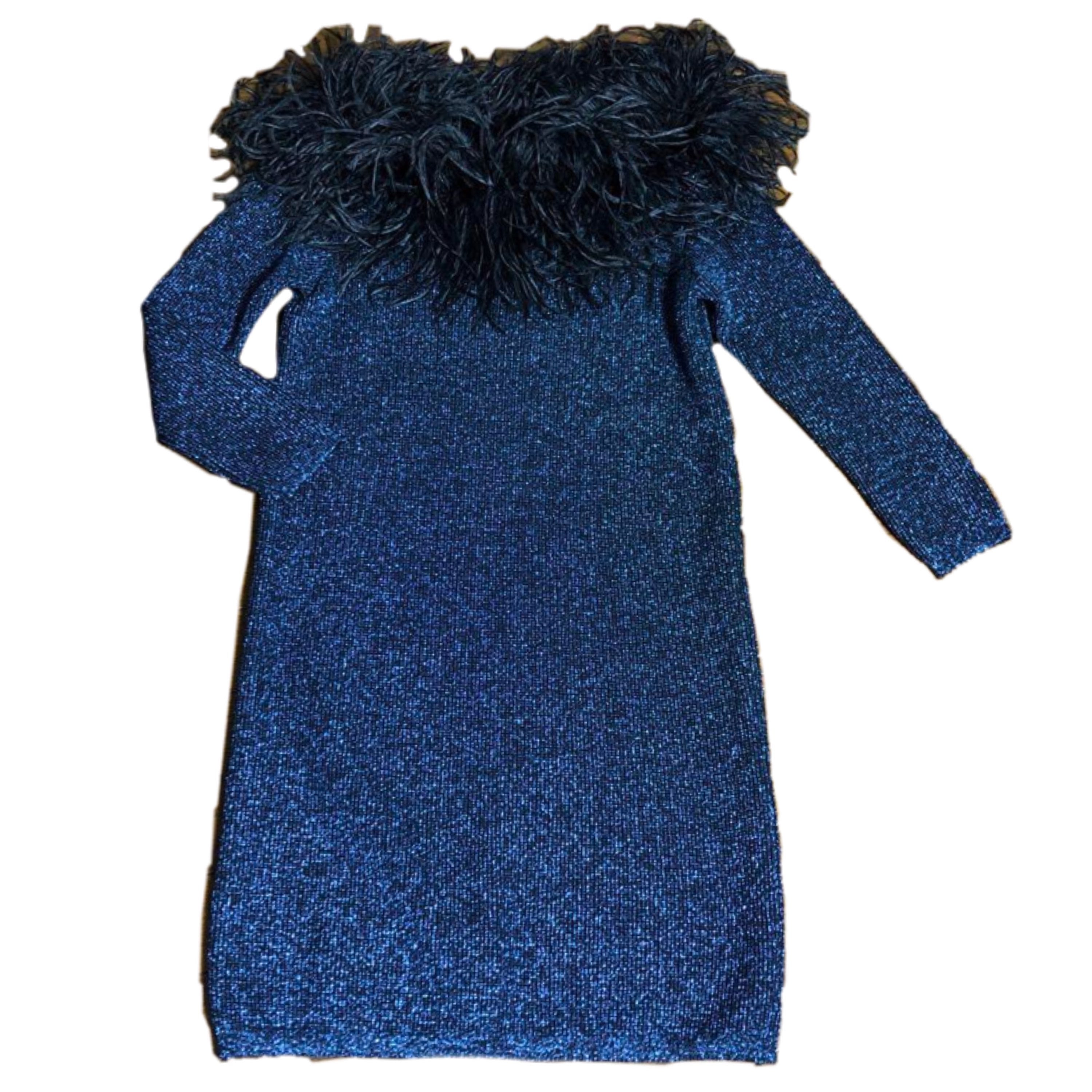 Yves Saint Laurent Knit Glitter LS Feather Neckline Mini Dress by YVES SAINT LAURENT in size S from DRESSES category