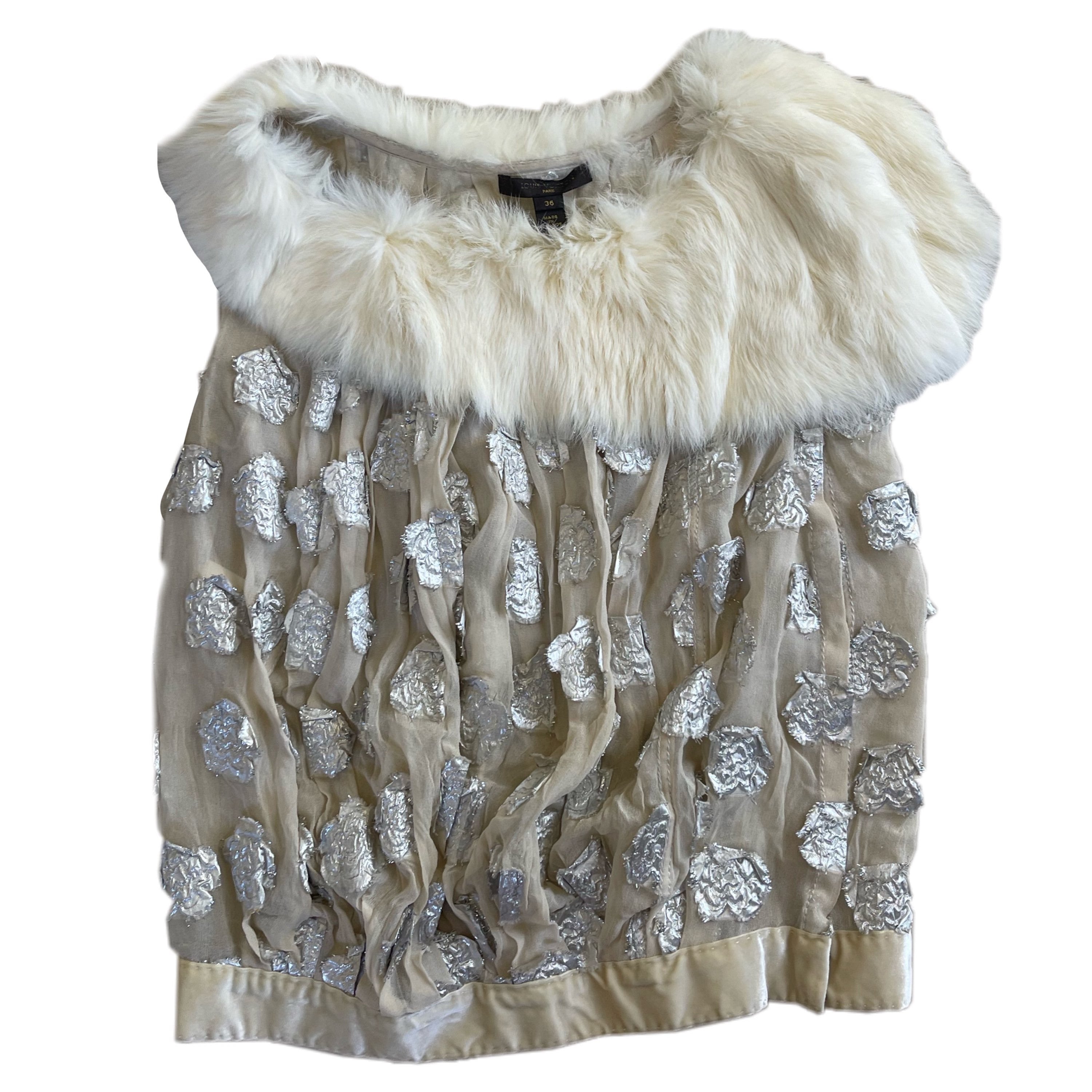 Louis Vuitton Fur Off Shoulder Collar Metallic Floral Applique Silk Top by LOUIS VUITTON in size XS from TOPS category