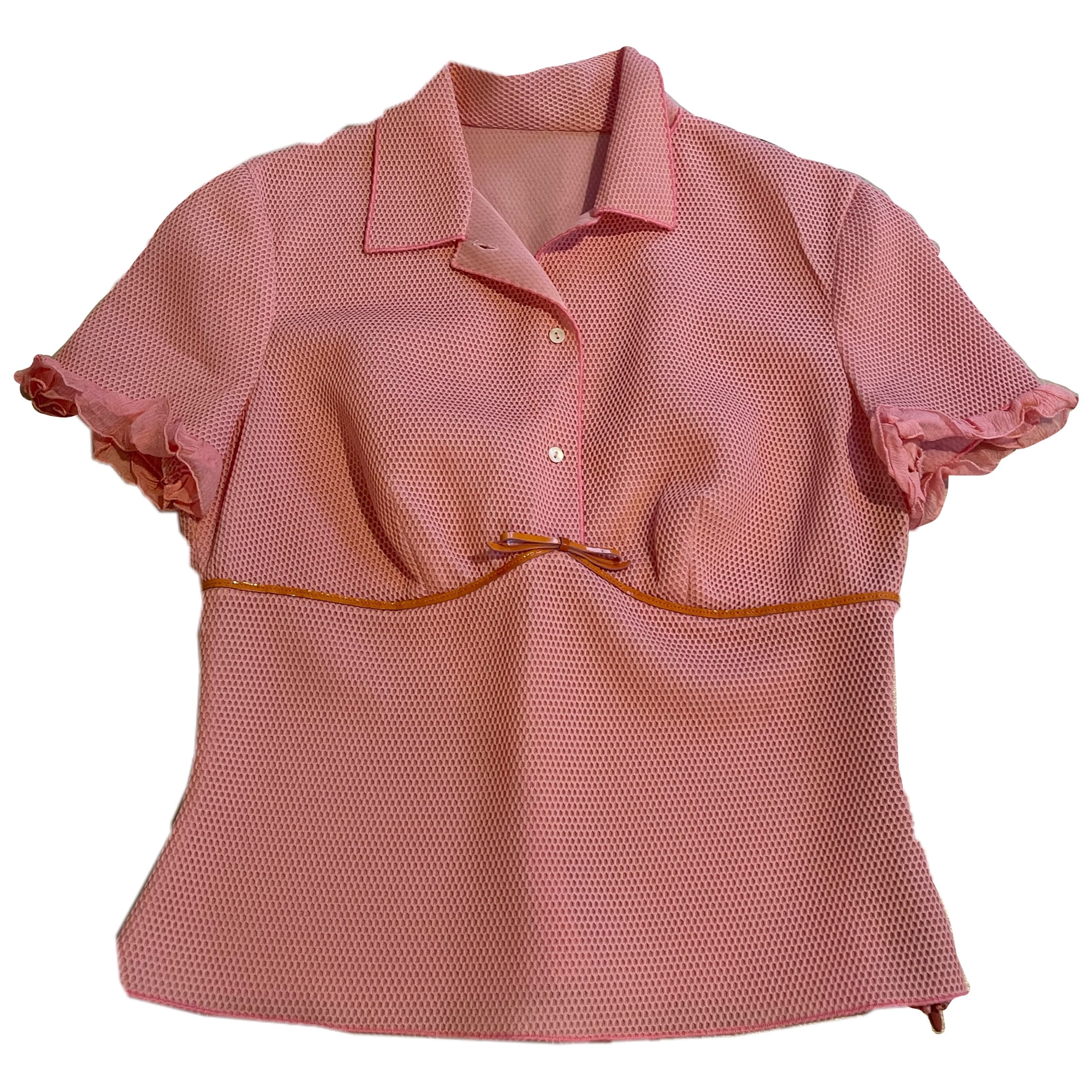 Prada Pink SS Mesh Ruffle Hem w Leather Trim UnderBoob Polo by PRADA in size S from TOPS category