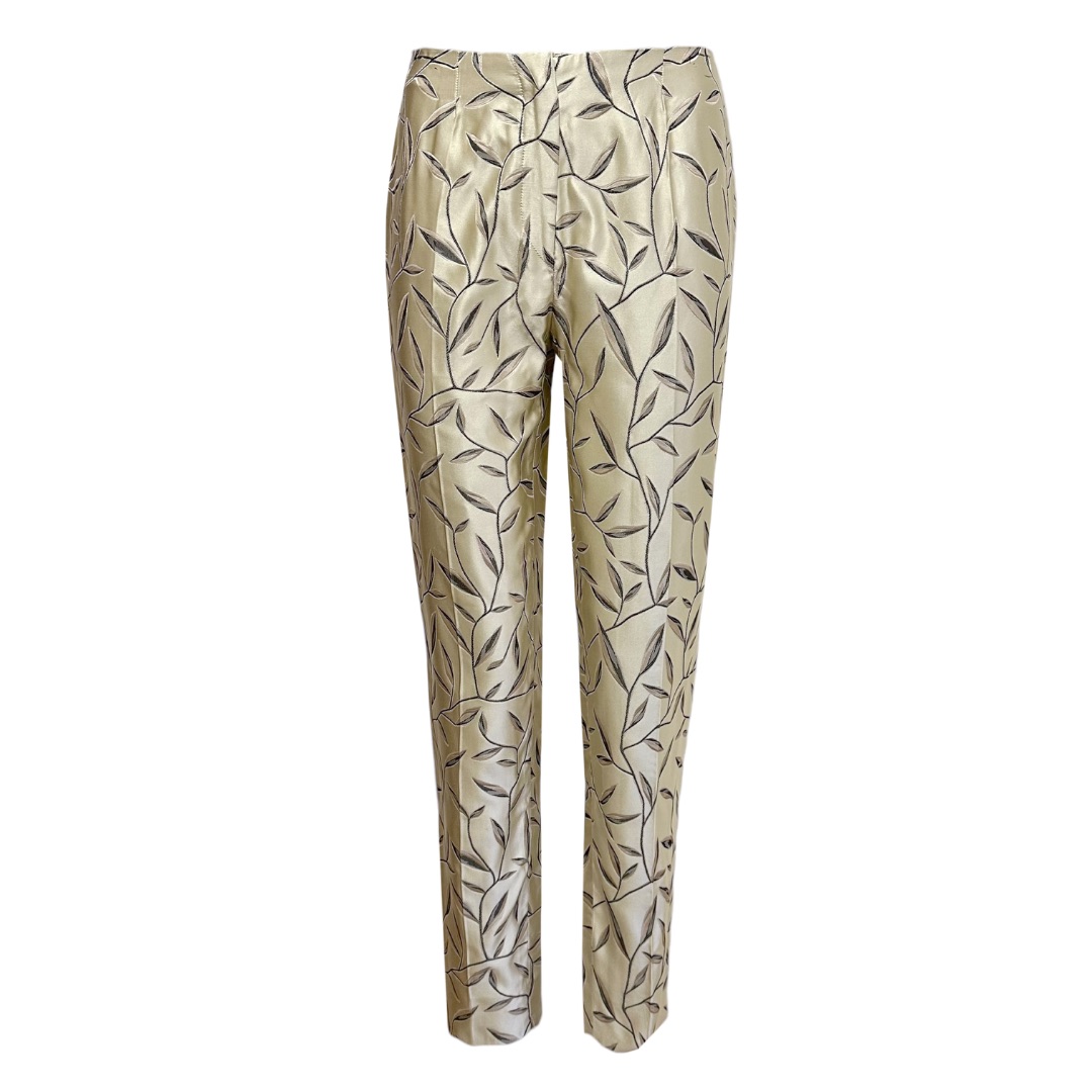 S/S 1997 gold silk satin trousers with leaf print by PRADA in size XS from TROUSERS category