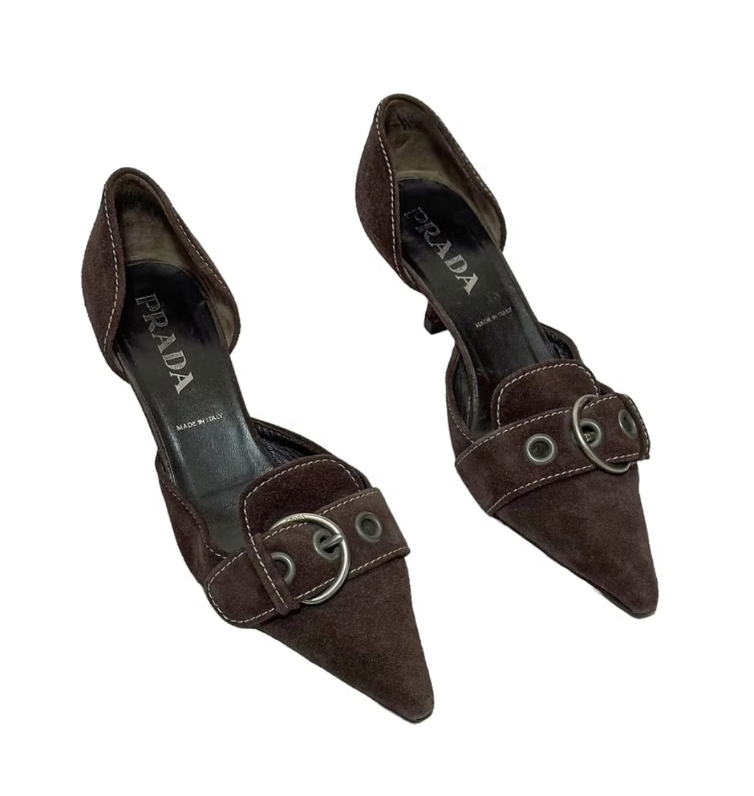 S/S 2002 brown suede heels with buckles  by PRADA in size EU 39 from SHOES category