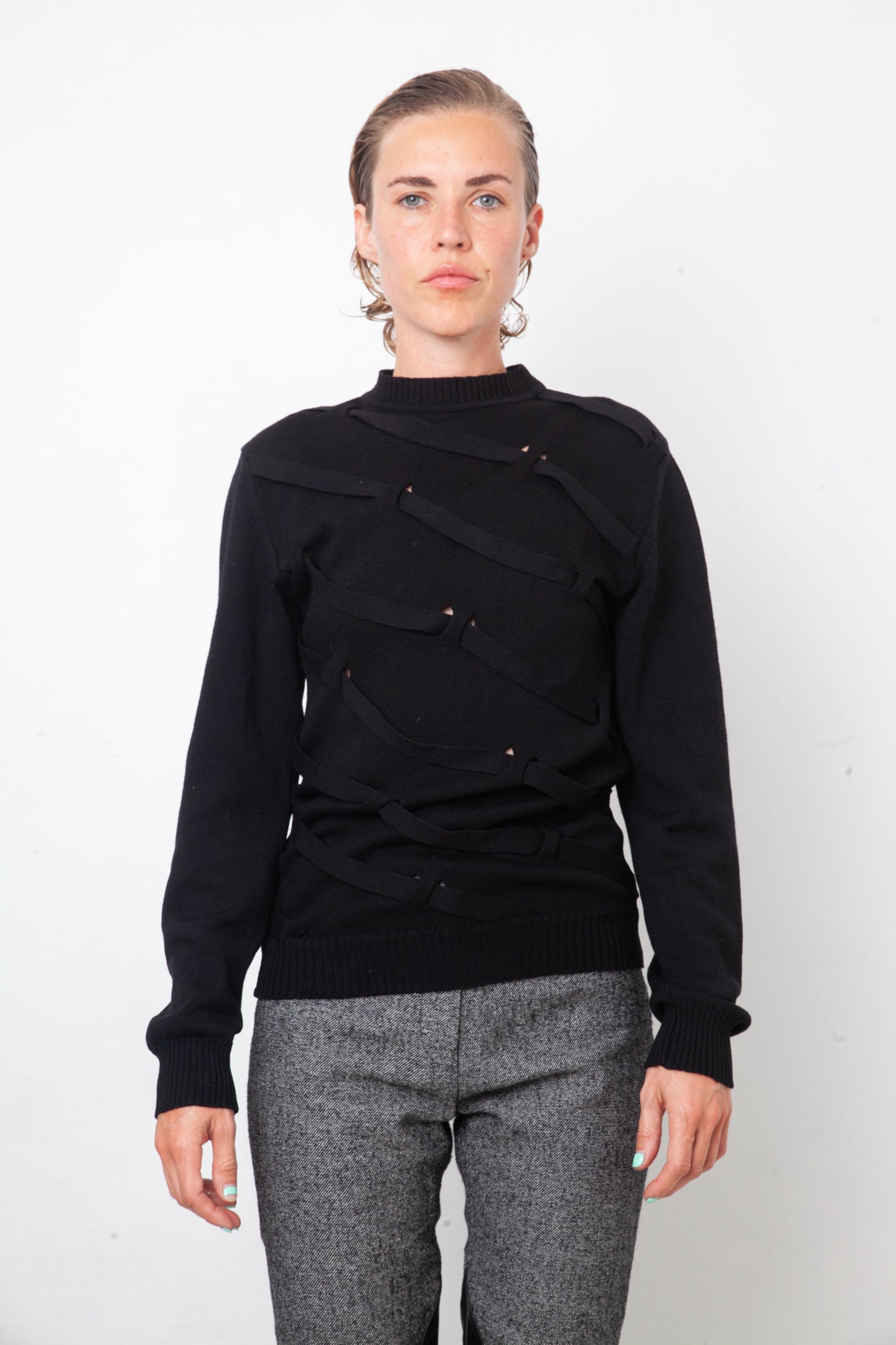 Dirk Schönberger 2000's black wool sweater with straps by Dirk Schönberger in size M from KNITWEAR category