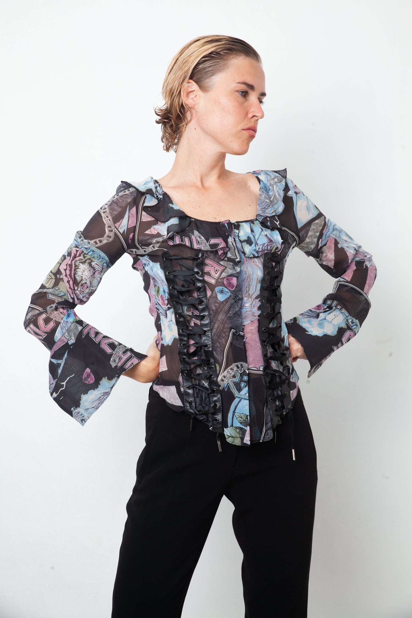 John Richmond 2000's silk black, blue & pink graphic printed shirt with lace detail by John Richmond in size FR 36 from TOPS category