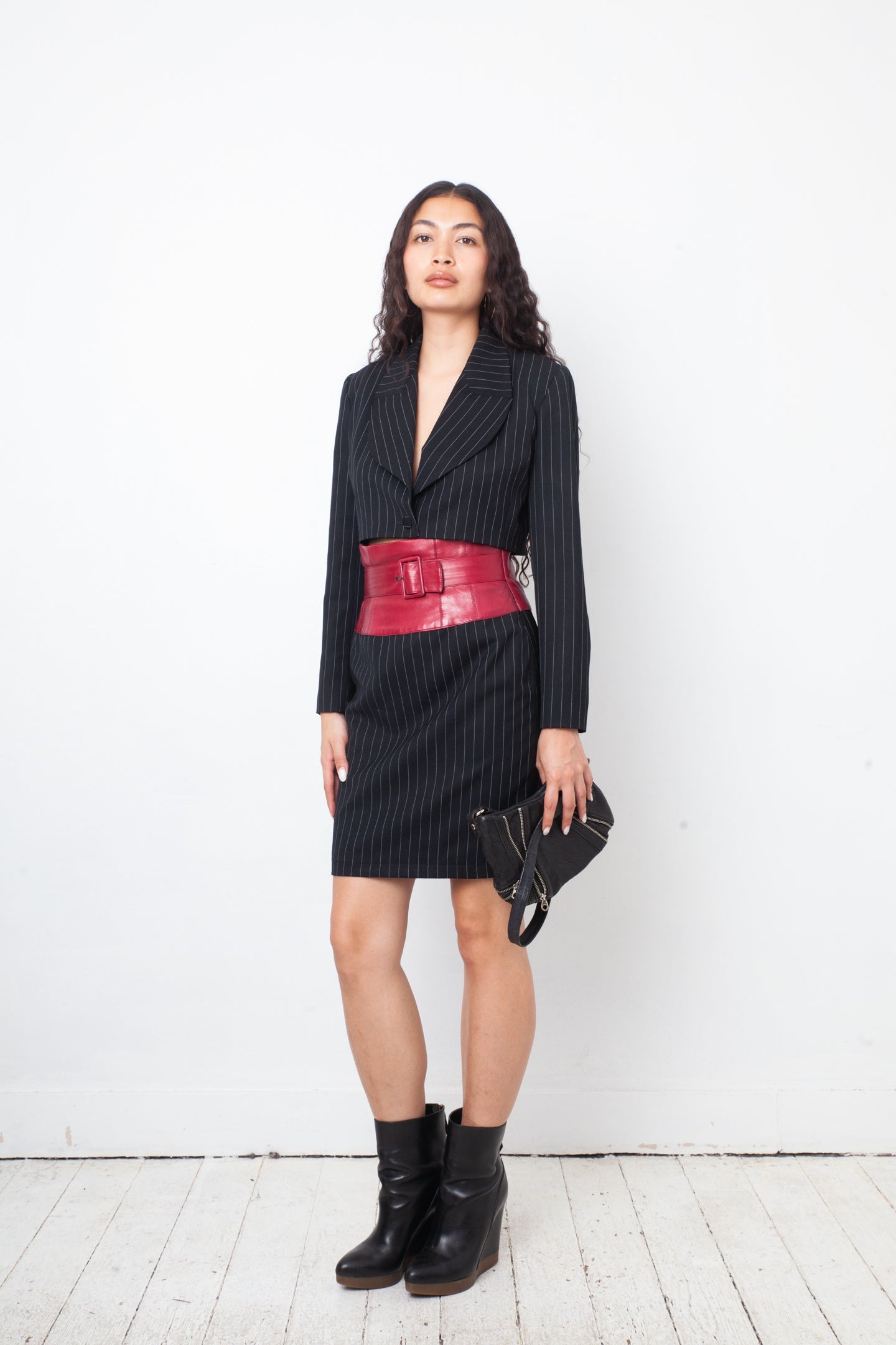 Angelo Tarlazzi 90's pinstripe black skirt suit with red leather waistband by Angelo Tarlazzi in size FR 36 from SUITS category