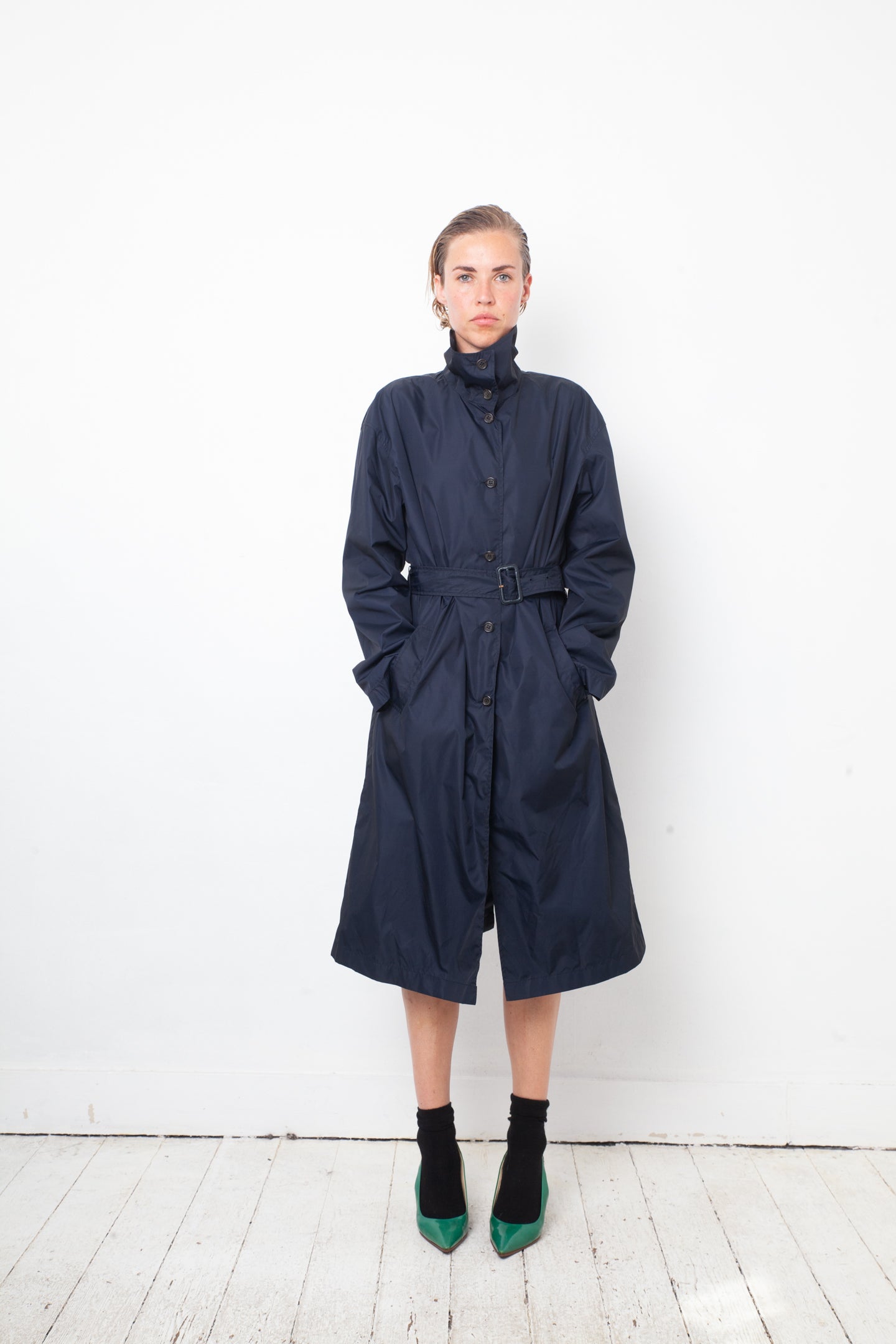 Prada 2000's dark blue nylon trench coat with belt by PRADA in size IT 44 from COATS & JACKETS category