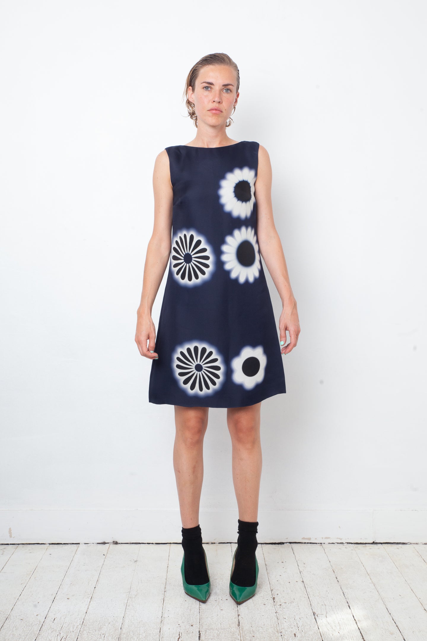 Prada Spring 2013 dark blue silk flower print dress by PRADA in size IT 38 from DRESSES category