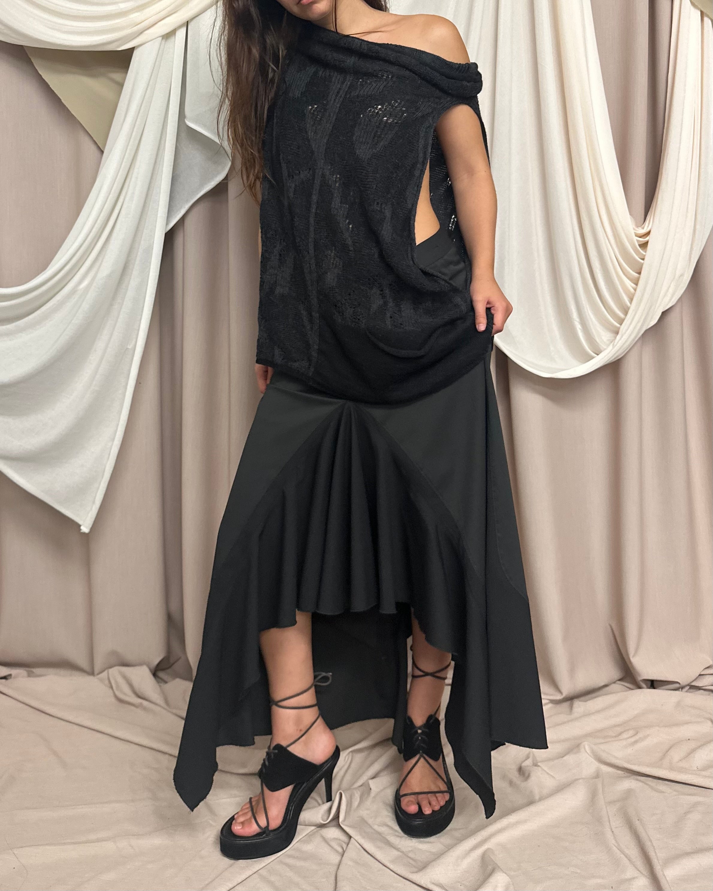 TAILORED MAXI SKIRT WITH DRAMATIC INNER LEG RUFFLE by Marithé + François Girbaud by MARITHE AND FRANCOIS GIRBAUD in size FR 40 from SKIRTS category