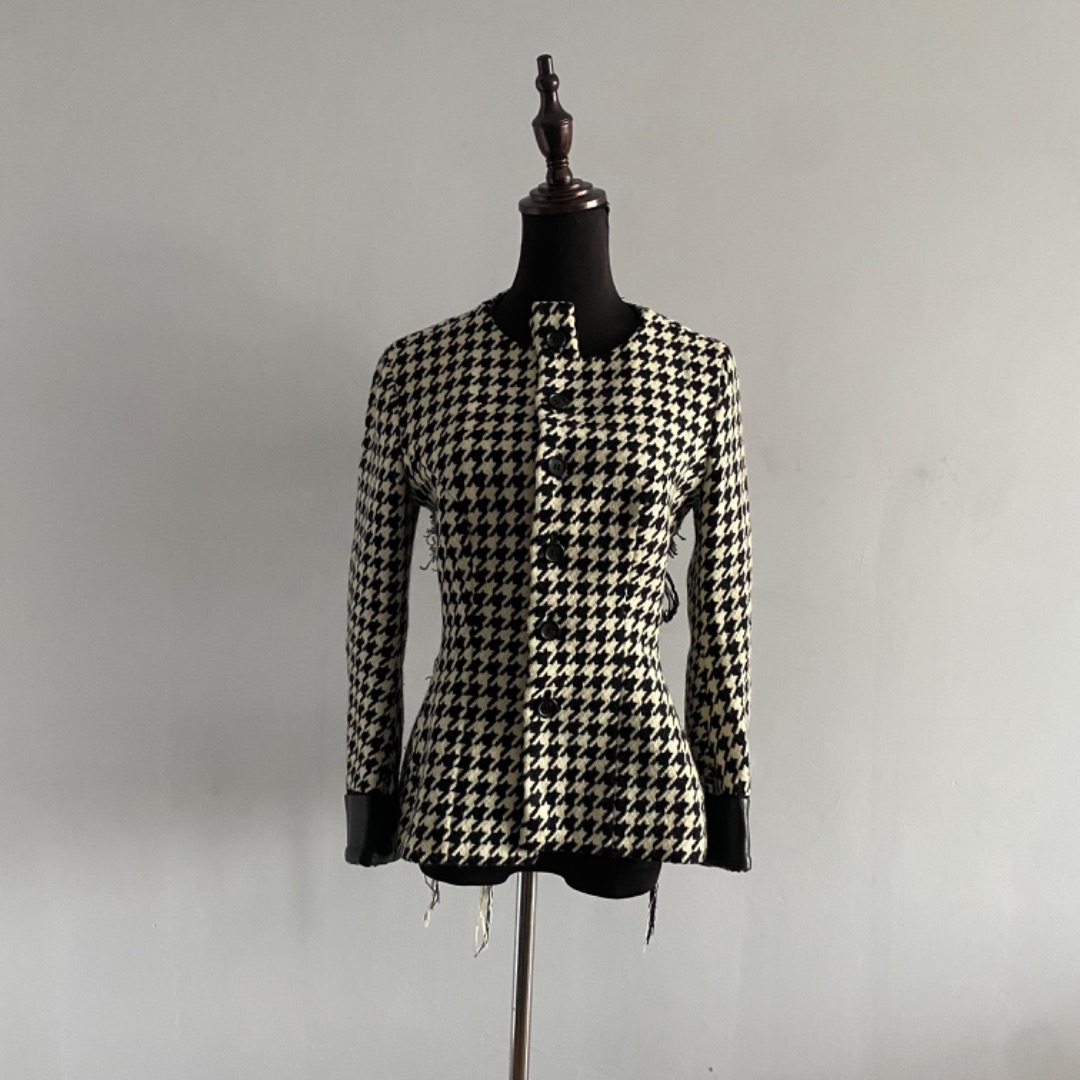 FW2003 Yamamoto houndstooth fringe blazer with leather trim by YOHJI YAMAMOTO in size S from COATS & JACKETS category