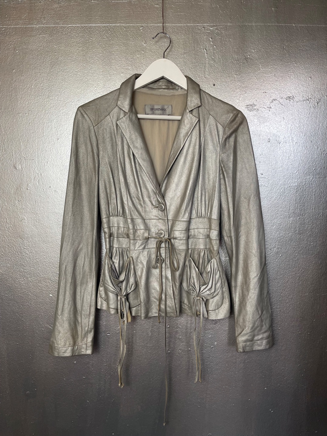 2000s Sportmax silver distressed leather blazer with gathered pockets and drawstring waist by Sportmax in size IT 42 from COATS & JACKETS category