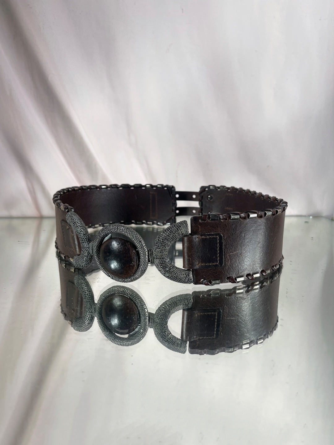 Vintage Sportmax artisanal thick brown leather belt with round metal buckle by Sportmax in size S from ACCESSORIES category